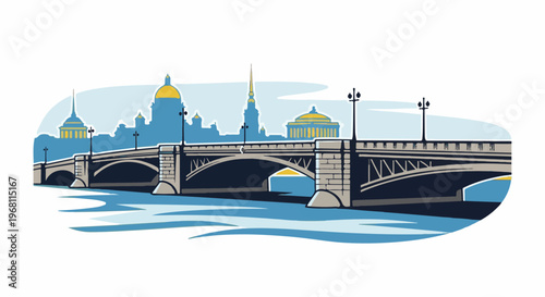 Stylized city skyline with a wide stone bridge spanning a blue river
