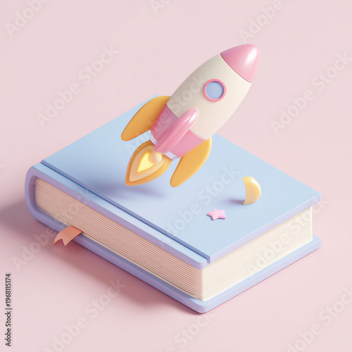 Colorful rocket toy launching from a pastel blue book with decorative stars and a moon on a soft pink background