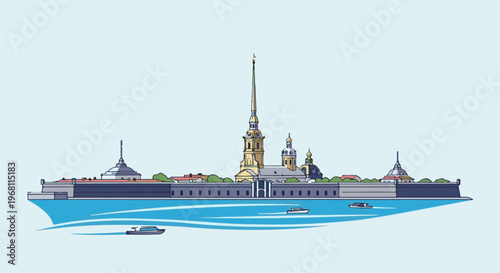 Stylized city skyline with a tall spire, domes, and boats on water