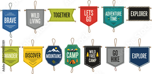 Adventure outdoor badges collection vector illustration camping travel labels explore wander discover hike wild free camp typography vintage emblem set