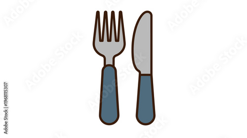 Simple illustration of a fork and knife, representing dining, meals, and eating, with a minimalist design