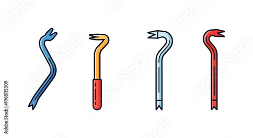 Crowbar Line art vector set modern color shapes illustration