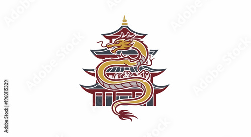 Stylized golden dragon entwined around a red, gray, and blue pagoda