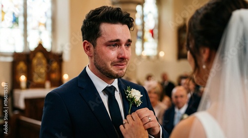 Groom smiling at bride in church.