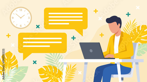 Modern illustration of a man working on his laptop with chat bubbles and tropical plants in the background