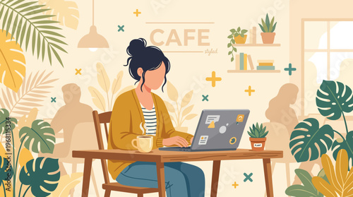 Young woman working on a laptop at a cozy cafe surrounded by lush green plants and natural light