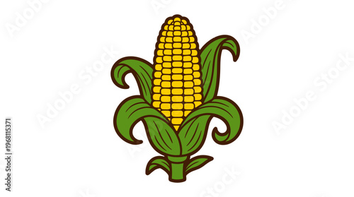 Vector illustration of a ripe ear of corn with green husks and leaves, a symbol of harvest and agriculture