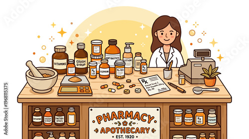 Charming illustration of a friendly pharmacist behind the counter in a vintage-style pharmacy, surrounded by medicine bottles, scales, and apothecary jars