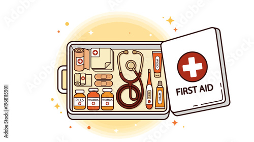Emergency first aid kit with essential medical supplies, a comprehensive health and safety solution in a vibrant vector illustration featuring medical tools