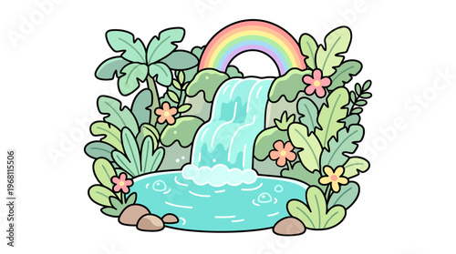 Whimsical illustration of a peaceful waterfall flowing into a serene pond, surrounded by lush tropical plants and a vibrant rainbow. A charming natural landscape