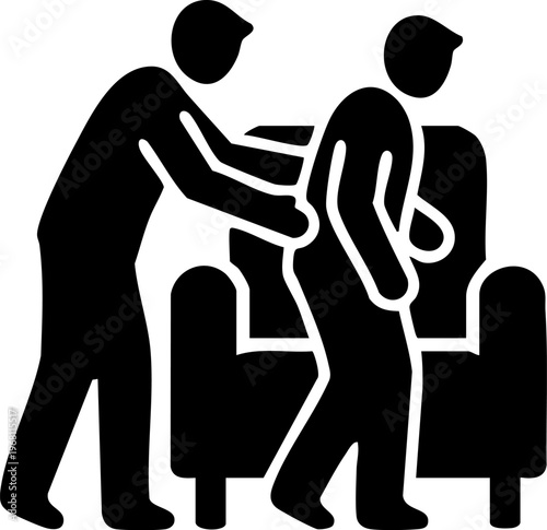 Icon of caregiver helping person rise from armchair, symbolizing support, assistance, and elder care services.