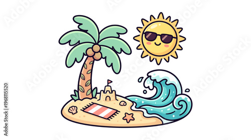 A vibrant cartoon illustration depicting a tropical island beach scene with a sandcastle, palm tree, crashing wave, and a smiling sun