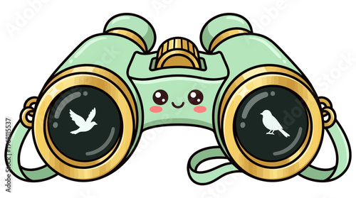 Whimsical cartoon binoculars featuring a cute smiling face, perfect for illustrating the spirit of adventure, nature discovery, and observing the world
