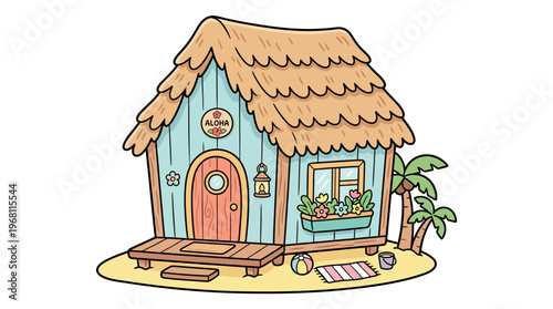 Charming Tropical Beach Hut with Thatched Roof, Porch, and Beachside Decor
