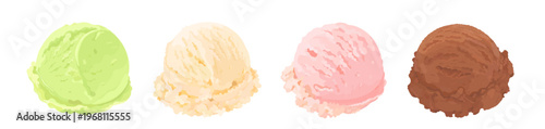 Set of cartoon vanilla, chocolate, strawberry and pistachio ice cream scoop. Tasty summer dessert illustration isolated on white background. Perfect for menu, packaging and dessert design.