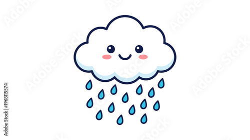 Cute happy cloud raining water drops vector illustration, graphic design of a smiling cloud with blue raindrops falling, simple cartoon art for weather and fun concepts