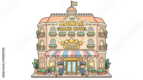 Charming and whimsical luxury hotel illustration, a delightful depiction of a grand resort building with intricate details and a welcoming entrance
