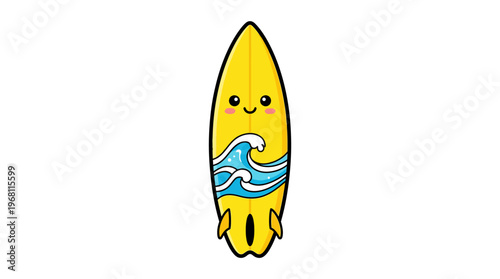 Adorable cartoon yellow surfboard with a cheerful face and a vibrant blue wave design, embodying summer fun and beach adventures for a playful vibe