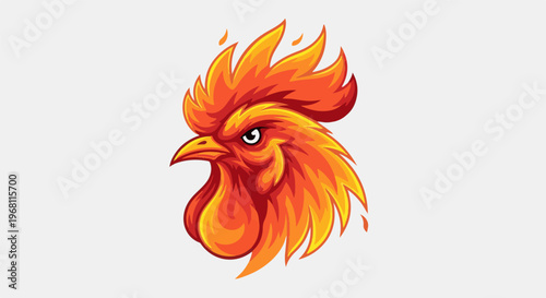 Stylized fiery rooster head with pixelated feathers and comb