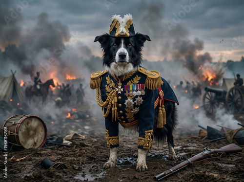 Majestic Border Collie Dog as a Decorated Military General on a Smoke-Filled Historical Battlefield