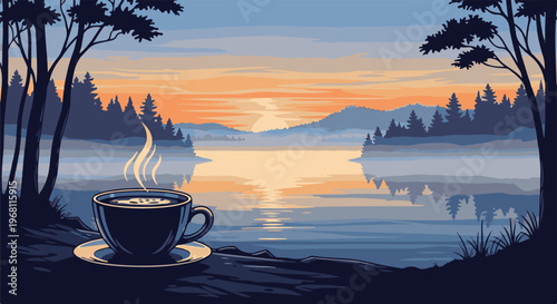 Steaming cup of coffee at lakeside sunrise with forest silhouette