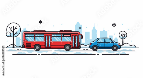 Stylized flat illustration of a red bus and blue car in a winter cityscape