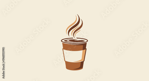 Steaming hot coffee in a disposable cup with a white band