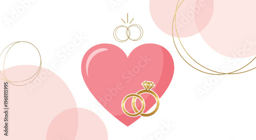 Pink heart with wedding rings, engagement, love, marriage symbol, elegant design