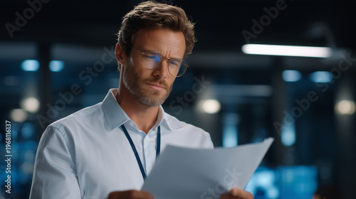 Determined cybersecurity specialist reviewing system architecture blueprints while testing network perimeter defenses in dimly lit assessment facility with monitoring equipment, ideal for white hat 