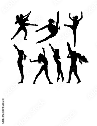 Dancing and jumping sport training silhouette. Black  male and female pose performance figure