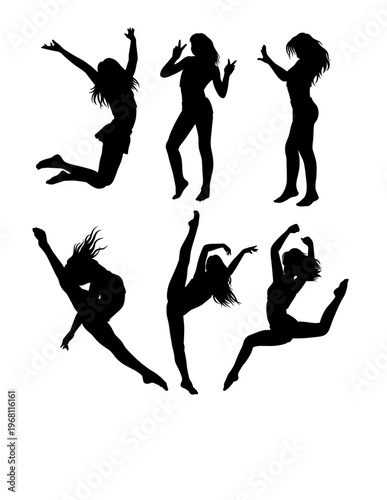 Dancing and jumping sport training silhouette. Black  female pose