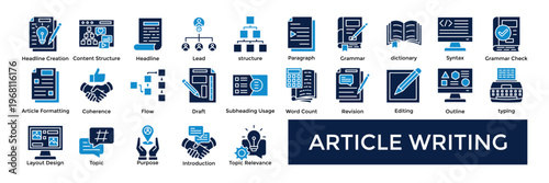 Article Writing icon set collection pack web banner. containing Headline Creation, Content Structure, Headline, Lead, structure, Paragraph, Grammar