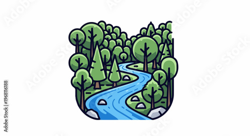 Stylized forest with a winding blue river and green trees
