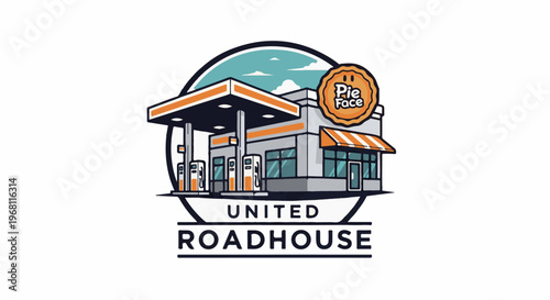Stylized gas station and diner with a pie logo under a sky
