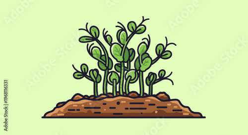 Sprouts emerging from brown soil against a pale green background