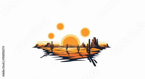Stylized desert landscape with multiple suns and cacti under orange sky