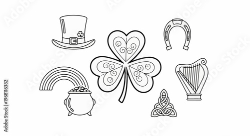 St. Patrick's Day symbols shamrock, hat, horseshoe, harp, rainbow, pot of gold