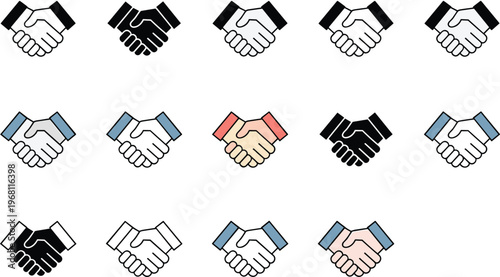 Handshake icon collection showing business partnership agreement teamwork unity trust diversity and collaboration concepts in clean flat vector illustration style