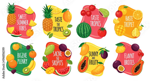 Colorful fruit stickers on white background.