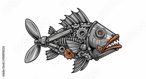 Steampunk mechanical fish with gears, propeller tail and sharp teeth
