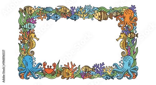 Colorful Fish and Sea Creatures Border.