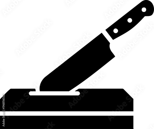 Kitchen knife and cutting board icon symbolizing food preparation cooking and culinary arts with sharp blade and wooden surface.