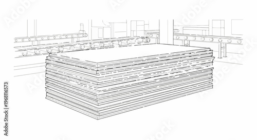 Stack of flat materials on a factory floor with conveyor belts in background