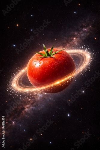 Tomato Planet With Glowing Orbit In Space Concept