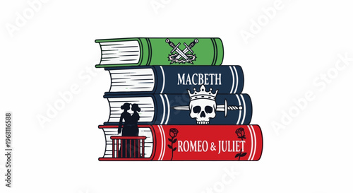 Stack of four books depicting literary themes swords, Macbeth, skull, Romeo and Juliet