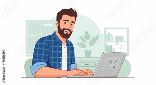 Smiling man in checkered shirt working on laptop at desk