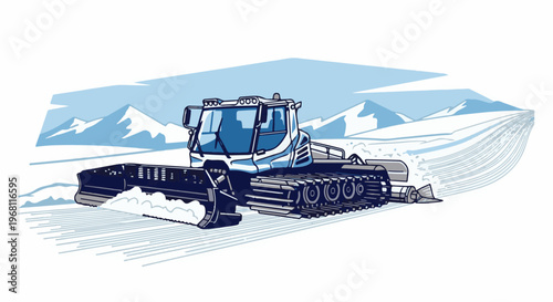 Snow groomer preparing a snowy mountain slope with mountains in background