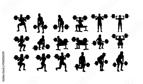 Weightlifting silhouettes set with men and women performing barbell exercises in black and white fitness vector collection