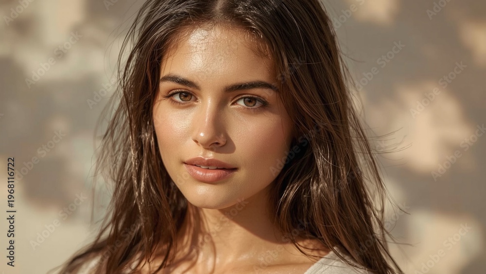 Fototapeta premium Close up portrait of young woman with natural glowing skin and soft warm light