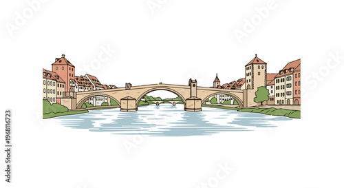 Stone bridge spans a river with historic buildings and trees lining the banks